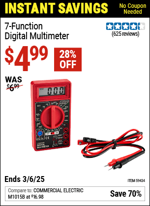 Harbor Freight Coupons, HF Coupons, 20% off - 7-Function Digital Multimeter for $4.92