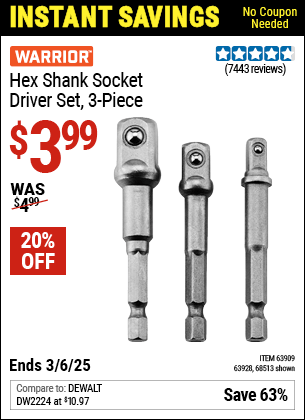 Harbor Freight Coupons, HF Coupons, 20% off - 3 Piece Hex Drill Socket Driver Set