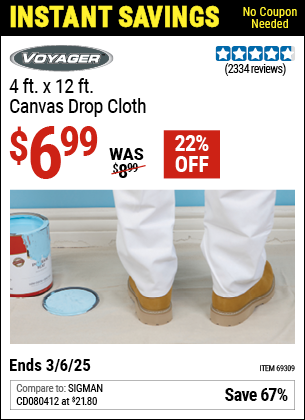 Harbor Freight Coupons, HF Coupons, 20% off - 4 Ft. X 12 Ft. Canvas Drop Cloth