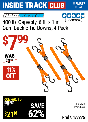 Harbor Freight Coupons, HF Coupons, 20% off - 400 Lb. Capacity 6 Ft. X 1 In. Cam Buckle Tie Downs, 4 Pk.