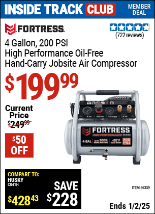 Harbor Freight Coupons, HF Coupons, 20% off - Fortress 4 Gallon, 1.5 Hp, 200 Psi Oil-free Professional Air Compressor