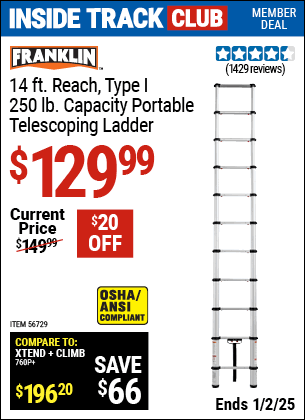 Harbor Freight Coupons, HF Coupons, 20% off - FRANKLIN Portable 14 Ft. Telescoping Ladder for $99.99