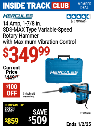 Harbor Freight Coupons, HF Coupons, 20% off - HERCULES 14 Amp 1-7/8 in. SDS Max-Type Variable Speed Rotary Hammer for $349.99