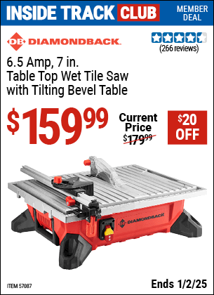 Harbor Freight Coupons, HF Coupons, 20% off - DIAMONDBACK 6.5 Amp 7 in. Table Top Wet Tile Saw with Tilting Bevel Table 