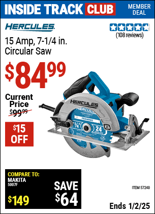 Harbor Freight Coupons, HF Coupons, 20% off - HERCULES 15 Amp 7-1/4 in. Heavy Duty Circular Saw for $89.99