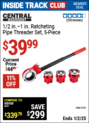 Harbor Freight Coupons, HF Coupons, 20% off - CENTRAL MACHINERY 1/2 in. to 1 in. Ratcheting Pipe Threader Set for $44.99