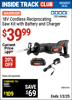 Harbor Freight Coupons, HF Coupons, 20% off - WARRIOR 18V Cordless Reciprocating Saw Kit for $39.99