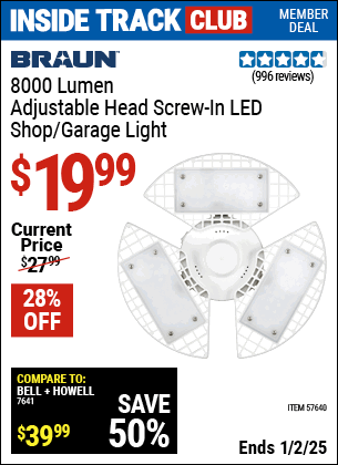 Harbor Freight Coupons, HF Coupons, 20% off - BRAUN 8000 Lumen Adjustable Head Screw-In Shop Light for $24.99