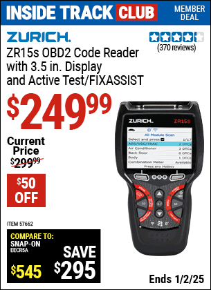 Harbor Freight Coupons, HF Coupons, 20% off - ZURICH ZR15s OBD2 Code Reader with 3.5 in. Display and Active Test/FixAssist for $259.99