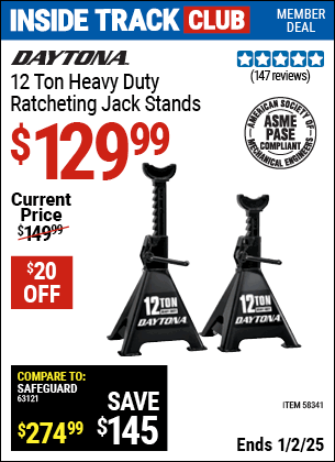 Harbor Freight Coupons, HF Coupons, 20% off - DAYTONA 12 Ton Heavy Duty Ratcheting Jack Stands, Black for $129.99