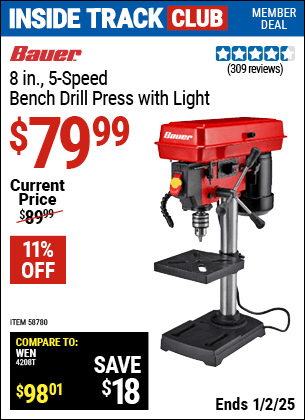 Harbor Freight Coupons, HF Coupons, 20% off - BAUER 8 in., 5-Speed Bench Drill Press with Light for $79.99