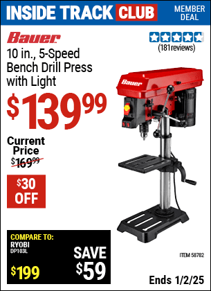 Harbor Freight Coupons, HF Coupons, 20% off - BAUER 10 in., 5-Speed Bench Drill Press with Light for $139.99