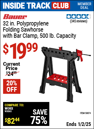 Harbor Freight Coupons, HF Coupons, 20% off - BAUER 32 in. Polypropylene Folding Sawhorse with Bar Clamp, 500 lb. Capacity for $24.99