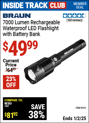 Harbor Freight Coupons, HF Coupons, 20% off - BRAUN 7000 Lumen Rechargeable Waterproof LED Flashlight with Battery Bank for $49.99