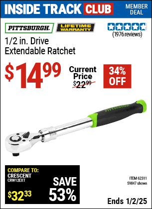 Harbor Freight Coupons, HF Coupons, 20% off - PITTSBURGH 1/2 in. Drive Extendable Ratchet for $14.99