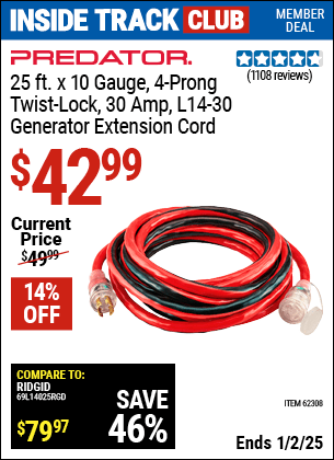 Harbor Freight Coupons, HF Coupons, 20% off - 25 Ft. X 10 Gauge Generator Duty Twist Lock Extension Cord