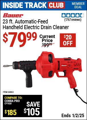 Harbor Freight Coupons, HF Coupons, 20% off - Bauer 23 Ft Auto Feed Handheld Electric Drain Cleaner