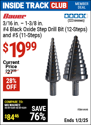 Harbor Freight Coupons, HF Coupons, 20% off - 2 Piece Black Oxide Coated M2 Steel High Speed Step Bits