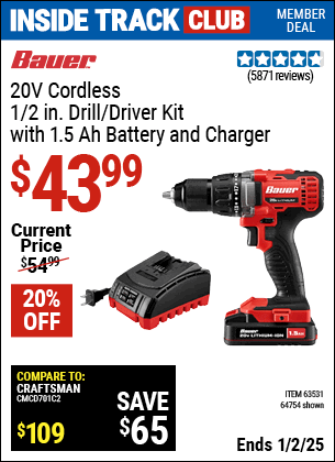 Harbor Freight Coupons, HF Coupons, 20% off - Bauer 20 Volt Lithium Cordless 1/2