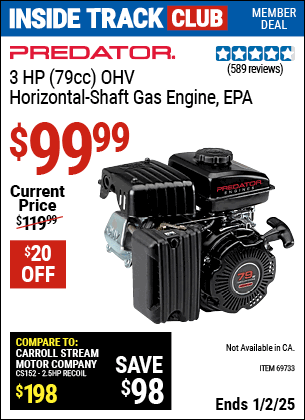 Harbor Freight Coupons, HF Coupons, 20% off - 3 Hp (79 Cc) Ohv Horizontal Shaft Gas Engine