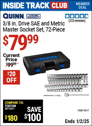 Harbor Freight Coupons, HF Coupons, 20% off - QUINN 3/8 in. Drive, SAE and Metric Master Socket Set, 72-Piece for $99.99