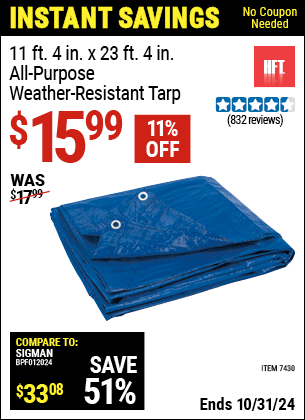 Harbor Freight Coupons, HF Coupons, 20% off - HFT 11 ft. 4 in. x 23 ft. 4 in. Blue All Purpose/Weather Resistant Tarp 