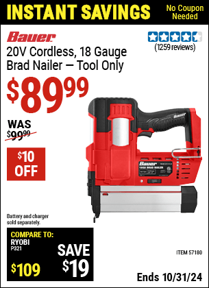 Harbor Freight Coupons, HF Coupons, 20% off - BAUER 20v Cordless 18 Gauge Brad Nailer for $79.99