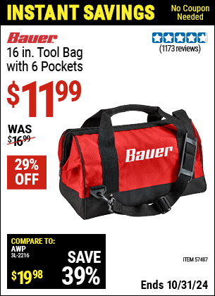 Harbor Freight Coupons, HF Coupons, 20% off - 16 In. Tool Bag With 6 Pockets