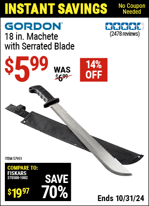 Harbor Freight Coupons, HF Coupons, 20% off - GORDON 18 in. Machete with Serrated Blade for $5.99