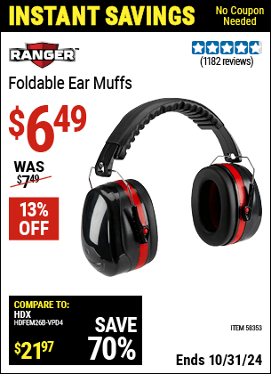 Harbor Freight Coupons, HF Coupons, 20% off - RANGER Foldable Ear Muffs for $5.99