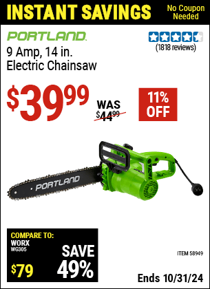 Harbor Freight Coupons, HF Coupons, 20% off - PORTLAND 9 Amp 14 in. Electric Chainsaw 