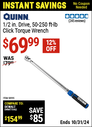 Harbor Freight Coupons, HF Coupons, 20% off - QUINN 1/2 in. Drive Click Type Torque Wrench for $69.99