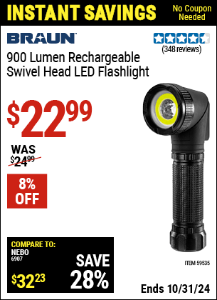 Harbor Freight Coupons, HF Coupons, 20% off - BRAUN 900 Lumen Rechargeable Swivel Head LED Flashlight for $17.99