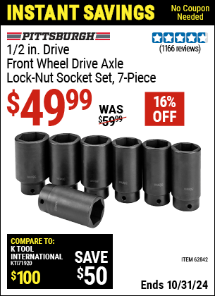 Harbor Freight Coupons, HF Coupons, 20% off - 1/2 in. Drive Front Wheel Drive Axle Lock-Nut Socket Set, 7 Pc.