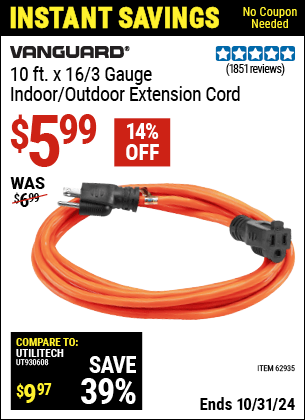 Harbor Freight Coupons, HF Coupons, 20% off - 10ft.x16 Gauge Indoor/outdoor Extension Cord