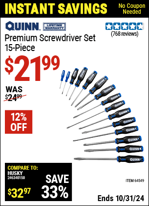 Harbor Freight Coupons, HF Coupons, 20% off - Quinn 15 Piece Screwdriver Set