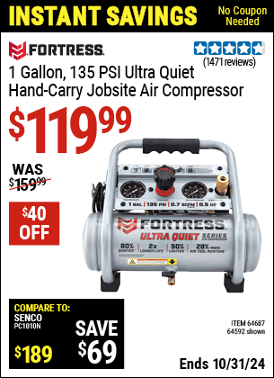 Harbor Freight Coupons, HF Coupons, 20% off - Fortress 1 Gallon, .5hp, 135 Psi Oil Free Portable Air Compressor