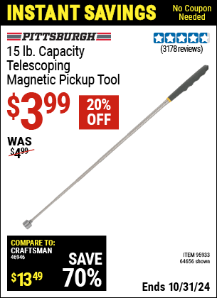 Harbor Freight Coupons, HF Coupons, 20% off - 15 lb. Capacity Telescoping Magnetic Pickup Tool