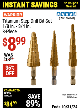 Harbor Freight Coupons, HF Coupons, 20% off - 3 Piece Titanium High Speed Steel Step Bits